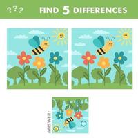 jogo educativo para crianças. encontre 5 diferenças. abelha fofa com flores. vetor