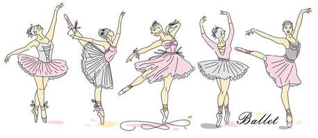dançarina de balé feminina conjunto de desenho de linha contínua na cor rosa. logotipo de tendência de dança. vetor
