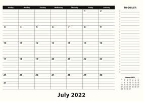 calendário mensal de mesa de negócios de julho de 2022. vetor