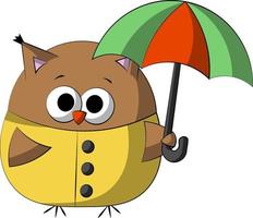 coruja bonito dos desenhos animados na capa de chuva com guarda-chuva. desenhar ilustração em cores vetor
