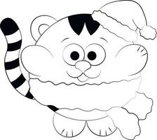 tigre bonito dos desenhos animados no chapéu e cachecol. desenhar ilustração em preto e branco vetor
