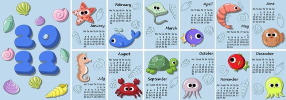 calendário para 2022 com animais subaquáticos bonitos dos desenhos animados vetor
