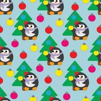 padrão vetorial sem costura com pinguim bonito dos desenhos animados com árvore de natal e brinquedos vetor