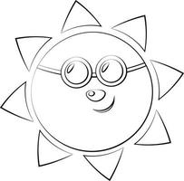 sol de personagem de desenho animado bonito em óculos de sol. desenhar ilustração em preto e branco vetor