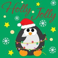 cartão postal de saudação de natal com pinguim de personagem em guirlanda vetor