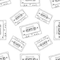 mão desenhada cassete e mixtape padrão sem emenda, desenho preto e branco doodle fundo para tecnologia musical ou equipamento de áudio vetor