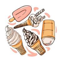 conjunto de ícones de sorvete ilustração vetorial doodle em um círculo. coleção de crianças de veneziana e picolé em cone em forma redonda isolada no fundo branco vetor