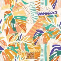 design de padrão tropical com folhas planas de monstera em fundo de mosaico multicolorido desenhado à mão e divertido vetor