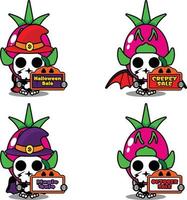vetor de desenhos animados de personagem de traje de mascote de osso de fruta. segurando a placa de halloween de venda