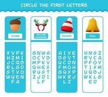 circule as primeiras letras do natal dos desenhos animados. jogo de correspondência. jogo educativo para crianças e bebês da pré-escola vetor