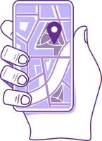 mão segurando o smartphone com mapa na tela. conceito de marca de localização de navegação móvel da cidade. ícone gps plano ilustração vector.mobile navegador applications.isolated em um fundo branco. vetor