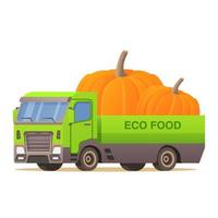 caminhão de entrega de alimentos pumpkin.autumn colheita vegetal.car ilustração vector.lorry vehicle.isolated em um fundo branco background.eco-friendly comida. vetor