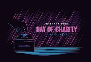 gráfico de ilustração vetorial do conceito de dia mundial da caridade com mão segurando dinheiro, doando no estilo neon escuro. perfeito para interface web, pôster, banner, modelo de camiseta vetor