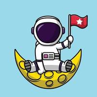 astronauta bonito segurando a bandeira na ilustração do ícone do vetor dos desenhos animados da lua. conceito de ícone de tecnologia de ciência vetor premium isolado
