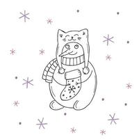 boneco de neve bonito com flocos de neve roxos e rosa em um fundo branco. ilustração vetorial em estilo doodle. clima de inverno. olá 2023. feliz natal e feliz ano novo. vetor