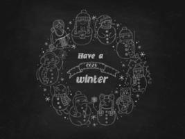conjunto de bonecos de neve bonitos em um quadro de giz preto. ilustração vetorial em estilo doodle. clima de inverno. olá 2023. feliz natal e feliz ano novo.