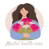 o conceito de saúde mental. uma jovem sorri e abraça um buquê de flores de peônia e camomila, simbolizando a preocupação com a saúde mental. ilustração vetorial plana vetor