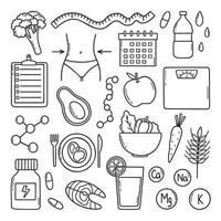 nutrição desenhada à mão e doodle de comida de dieta de desintoxicação. perda de peso. alimentos saudáveis e nutrientes no estilo de desenho. ilustração vetorial isolada no fundo branco. vetor