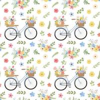 bicicletas azuis estilo retro com padrão sem emenda de buquês de flores de primavera. isolado no fundo branco. projeto romântico da primavera. vetor