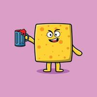personagem de mascote de desenho de queijo com copo de cerveja vetor