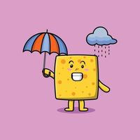 queijo bonito dos desenhos animados na chuva e usando guarda-chuva vetor