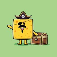 pirata de queijo bonito dos desenhos animados com caixa de tesouro vetor