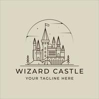 castelo mágico linha arte logotipo ilustração vetorial modelo ícone design gráfico. sinal de edifício histórico ou impressão de símbolo para t-shirt de vestuário vetor