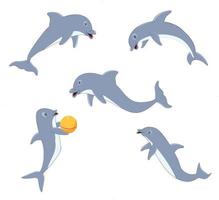 conjunto de golfinhos fofos. O personagem de golfinho azul bonito dos desenhos animados joga, salta através do aro e desenha. conjunto de vetores de animais marinhos. ilustração de aro de salto de show de golfinhos.