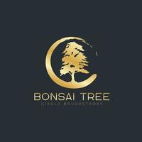 pincelada de círculo com logotipo de árvore bonsai, ícones de silhueta de plantas em fundo branco. vetor
