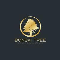 pincelada de círculo com logotipo de árvore bonsai, ícones de silhueta de plantas em fundo branco. vetor