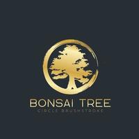 pincelada de círculo com logotipo de árvore bonsai, ícones de silhueta de plantas em fundo branco. vetor