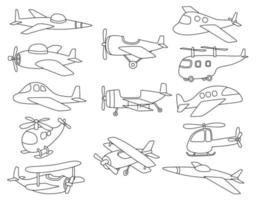 conjunto de doodle de linha preta de avião bonito. vetor