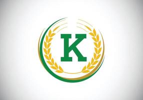 letra inicial k sinal símbolo com grinalda de espigas de trigo. conceito de design de logotipo de agricultura de trigo orgânico. modelo de vetor de design de logotipo de agricultura.