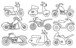 conjunto de doodle de linha preta de motocicleta bonita. vetor