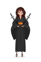 mulheres em um longo quimono de seda preta e uma katana nas costas. estilo de desenho animado. isolado. ilustração vetorial. vetor