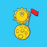 sol bonito dos desenhos animados em pé na lua com bandeira vetor