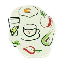 comida saudável. conceito de café da manhã. maçã, abacate, xícara de chá ou café, água com limão, ovo frito. arte de linha com enchimento abstrato. ilustração vetorial isolada em branco vetor