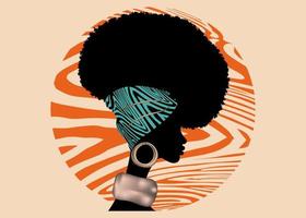 mulher africana de retrato usa bandana para penteados encaracolados. Shenbolen Ankara headwrap mulheres. afro tradicional headtie lenço turbante em textura de design de tecido zebra laranja tribal. vetor vintage isolado