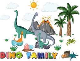 família de dinossauros com objetos florestais vetor