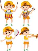 conjunto de menino vestindo boné tocando instrumento musical vetor