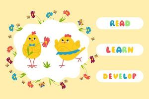 galinhas fofas, jogos educativos para crianças, ler, aprender, desenvolver banner. ilustração vetorial vetor