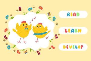 galinhas fofas, jogos educativos para crianças, ler, aprender, desenvolver banner. ilustração vetorial vetor