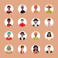 conjunto de 16 avatares circulados com rostos de jovens. imagem de diferentes raças e nacionalidades, mulheres e homens. conjunto de ícones de perfil de usuário. emblemas redondos com pessoas felizes - vetor
