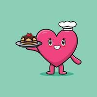 chef de desenho animado coração adorável servindo bolo na bandeja vetor