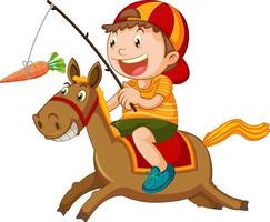 menino andando a cavalo pescando uma cenoura vetor