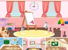 conjunto de diferentes cenas de sala de aula do jardim de infância vetor