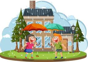 dia chuvoso com crianças felizes segurando guarda-chuva vetor