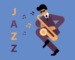 ilustração, jazzman com saxofone, notas musicais e texto de jazz, design azul e amarelo. clip-art, pôster para shows de jazz e noites vetor