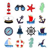 conjunto náutico, farol, binóculos, volante, navio, âncora e animais marinhos. elementos de decoração, ícones, impressão vetor