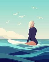 marinha, surfista garota senta-se em uma prancha de surf nas ondas do oceano. conceito de recreação ativa. clipart, impressão, arte de parede vetor
